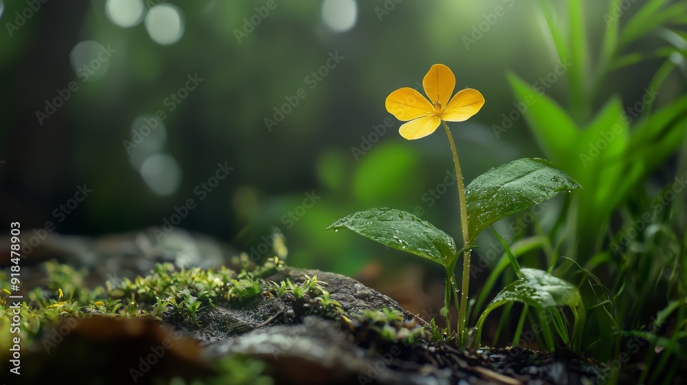A small yellow bloom atop moss-covered ground, adjacent to a green leafy forest floor A small yellow bloom atop moss-covered ground, adjacent to a green leafy forest floor
