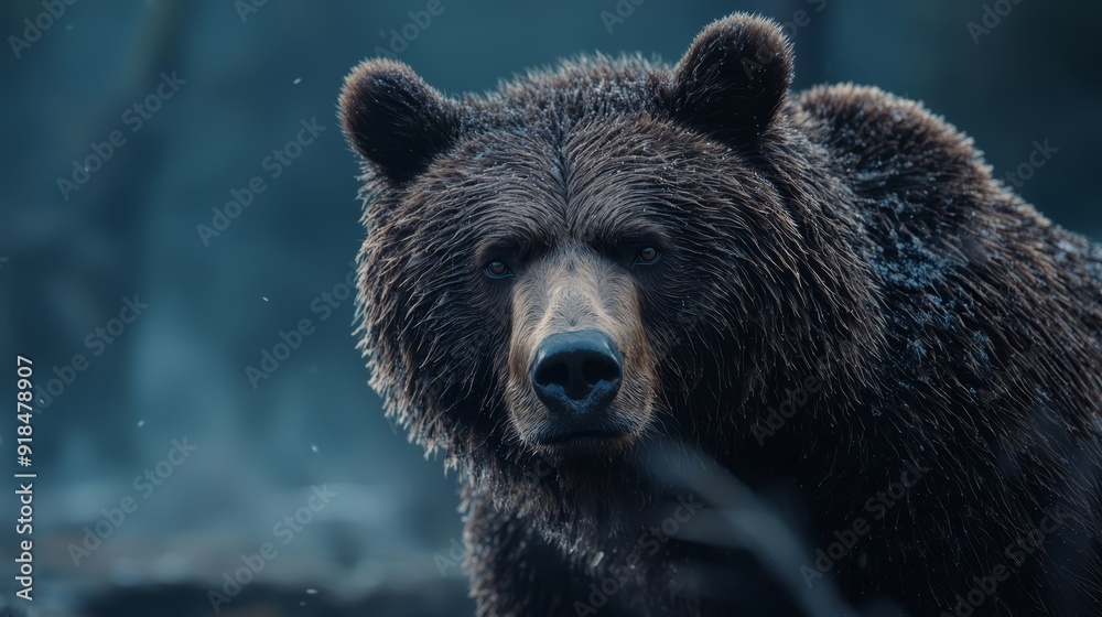 A tight shot of a brown bear, its face dusted with snow, surrounded by trees with a softly blurred backdrop A tight shot of a brown bear, its face dusted with snow, surrounded by trees with a softly blurred backdrop