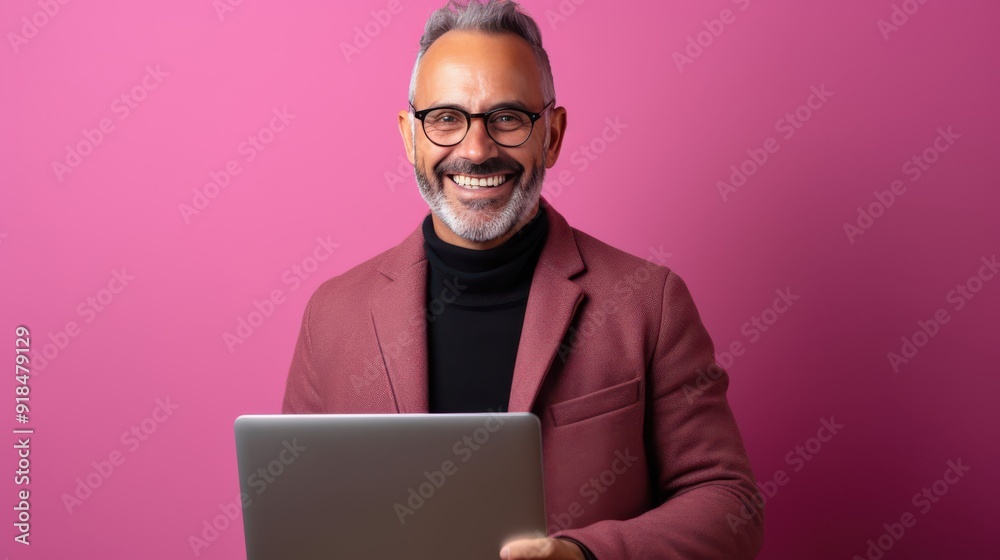 Smiling middle-aged male software sales manager with laptop Smiling middle-aged male software sales manager with laptop
