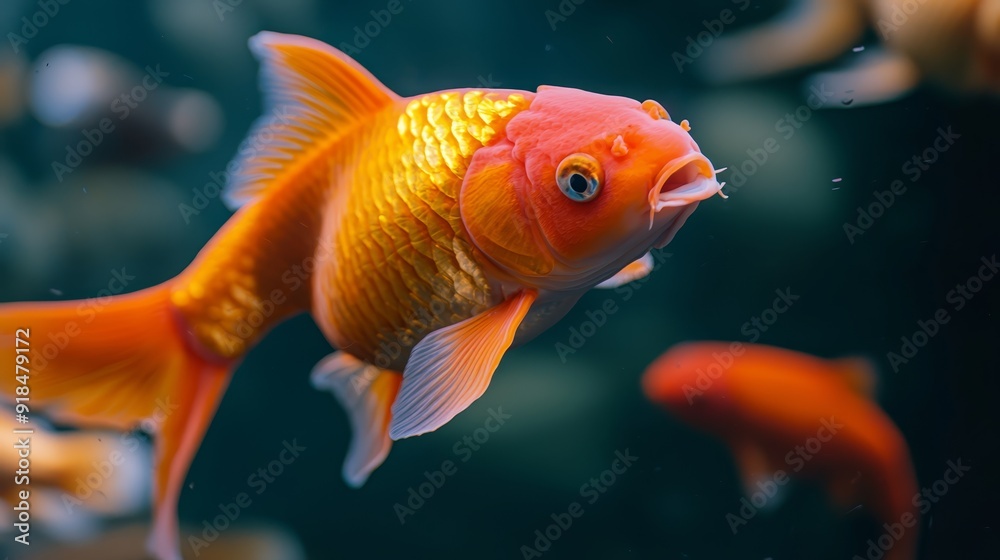 A tight shot of a goldfish swimming against the glass in a filled aquarium Surrounding school are more goldfish, while pebbles comprise the backdrop A tight shot of a goldfish swimming against the glass in a filled aquarium Surrounding school are more goldfish, while pebbles comprise the backdrop