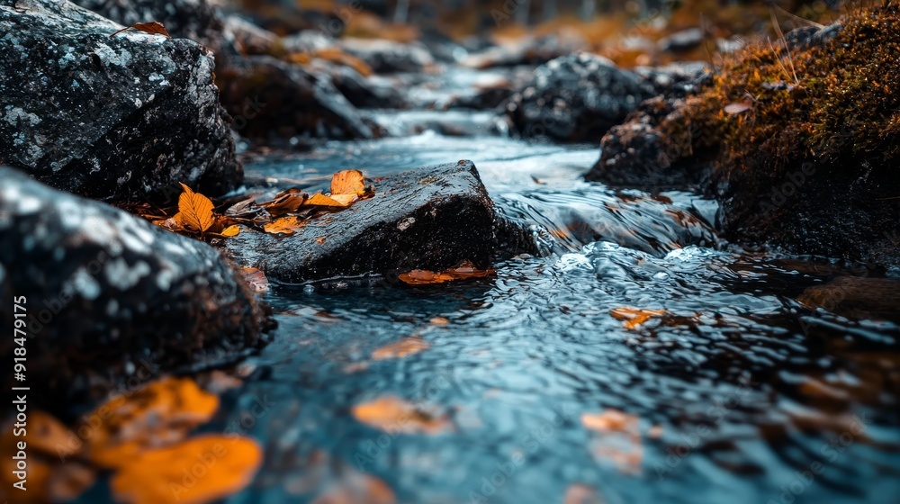 A stream runs through a lush, green forest, filled with numerous leaf-covered rocks and fallen leaves atop them A stream runs through a lush, green forest, filled with numerous leaf-covered rocks and fallen leaves atop them