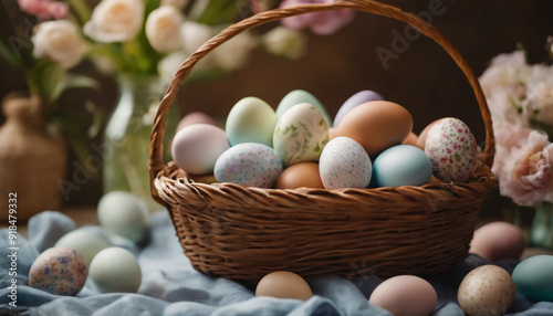 Photography wicker basket with easter eggs