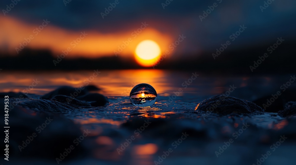  The sun sets over a body of water, foregrounded by rocks