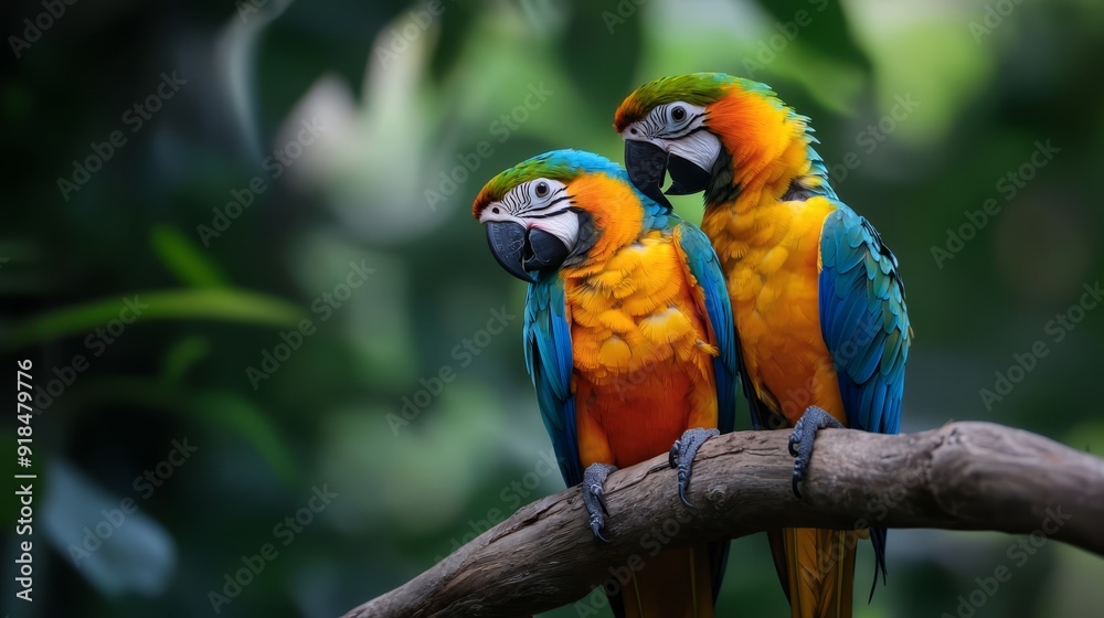 Two vibrant parrots perch on a tree branch against a backdrop of lush green foliage Two vibrant parrots perch on a tree branch against a backdrop of lush green foliage