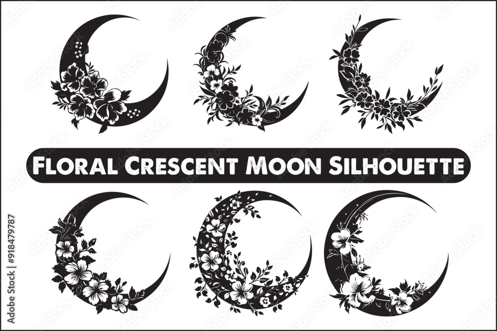 Obraz premium Floral crescent moon silhouette, Floral line art moon silhouette, Floral moon, moon, silhouette, botanical, nature, art, wall art, home decor, decor, printable art, digital art, instant download, 