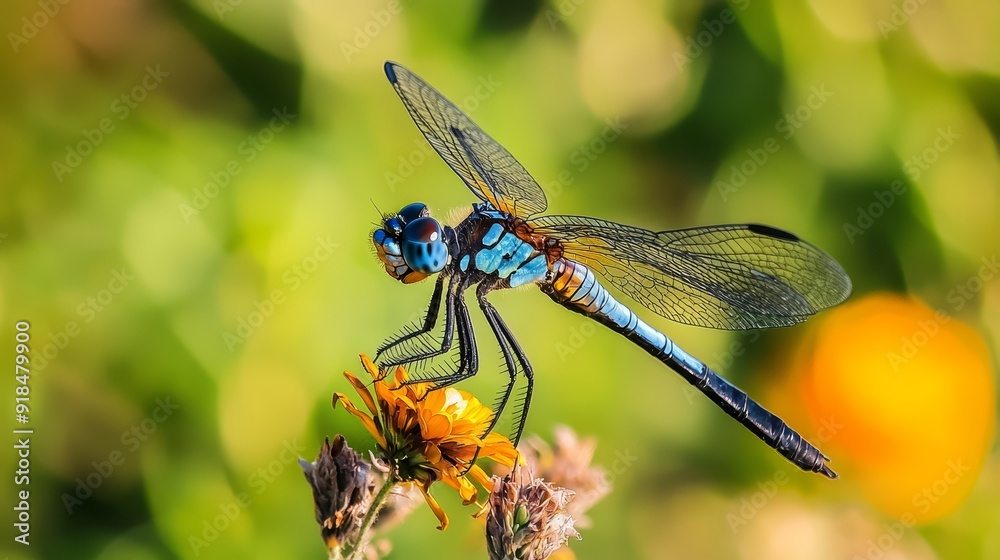 A dragonsfly hovering over a flower, yellow blooms in the foreground, grassy background softly blurred A dragonsfly hovering over a flower, yellow blooms in the foreground, grassy background softly blurred