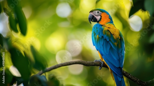  A vibrant parrot atop a tree branch against a lush, green background Soft focus accentuates the parrot's head