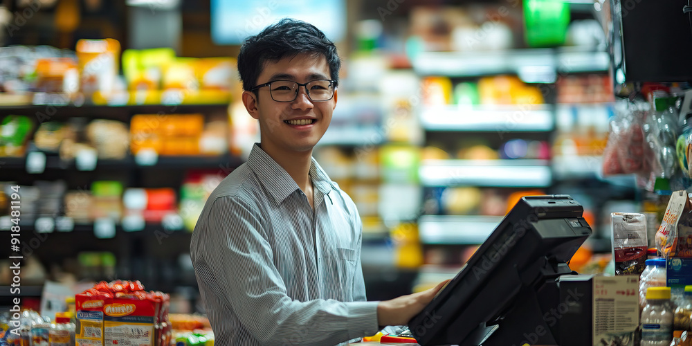 Asian Grocery Store Clerk with a Smile at the Checkout Counter. Asian Grocery Store Clerk with a Smile at the Checkout Counter.
