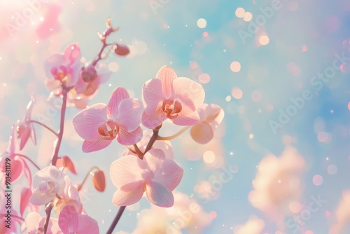Elegant Orchid Painting Under a Cream-Toned Sky, Exuding Anime-Style Aesthetics and Serene Elegance,Abstract concepts, game concept art, storybook illustrations, comic strips
