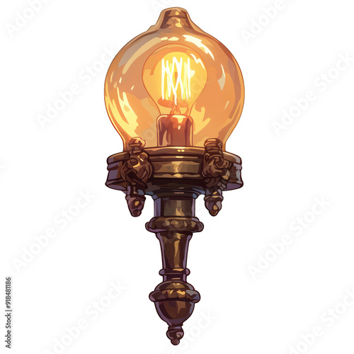 A vintage wall lamp featuring a glowing bulb and intricate brass details, perfect for adding charm to any interior space. transparent background