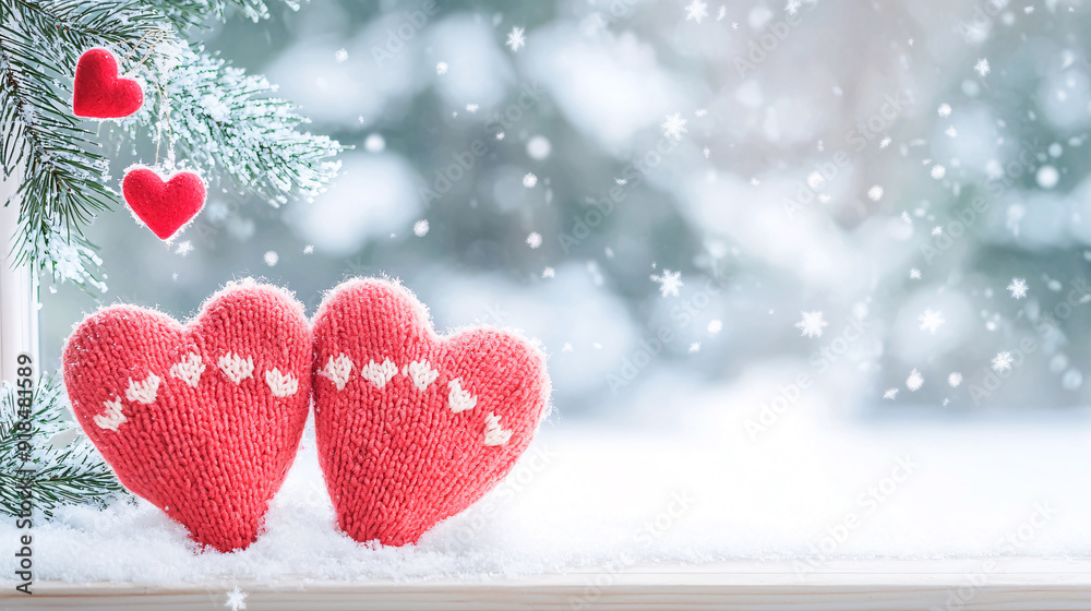 Fototapeta premium Two red knit hearts are on a snowy tree branch. The hearts are surrounded by snow and are hanging from the tree. Concept of warmth and love, as the hearts are a symbol of affection.