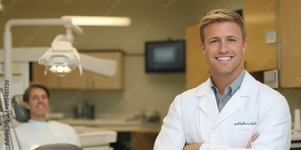 Fototapeta premium Young Caucasian Male Dentist in His Dental Office with a Patient.