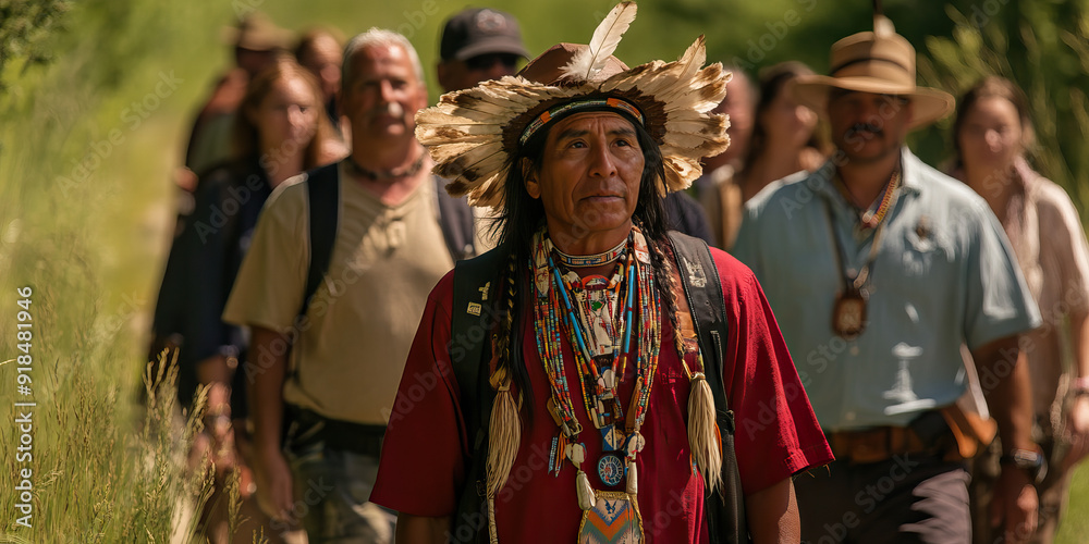 Fototapeta premium Native American Tour Guide Leading a Group Through a National Park