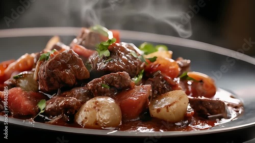 Steaming Plate of Beef Bourguignon with Vegetables on Dark Background