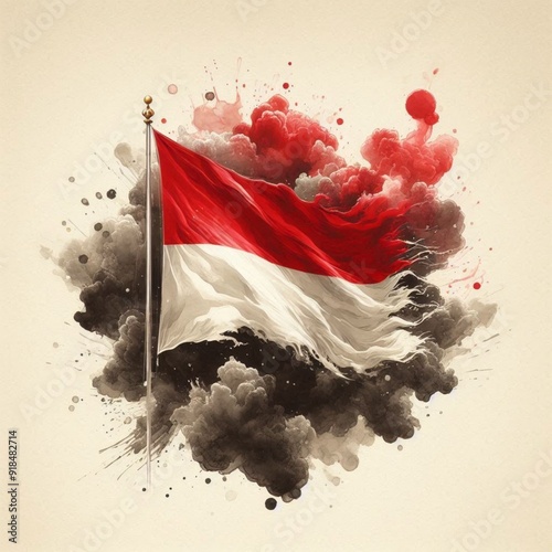 The painting of the red and white Indonesian flag flying was painted using watercolors