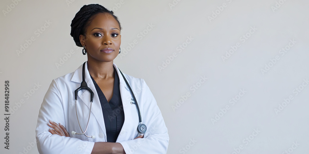 Female African American doctor in lab coat, stethoscope around neck, standing confidently against a white wall.