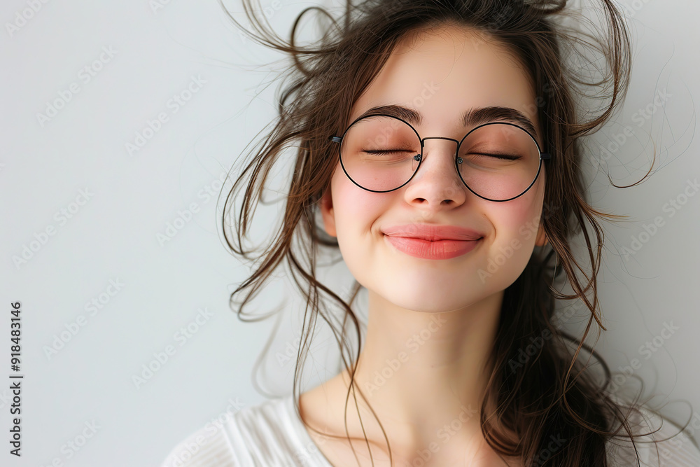 Cute attractive woman in eyeglasses on grey background Cute attractive woman in eyeglasses on grey background