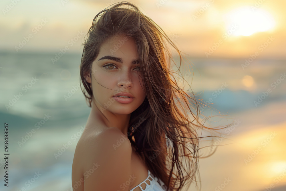 Cute attractive woman with curly hair on blurred ocean background Cute attractive woman with curly hair on blurred ocean background