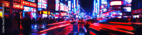 The Neon Nightlife: A bustling city street at night, neon signs casting a dazzling glow.