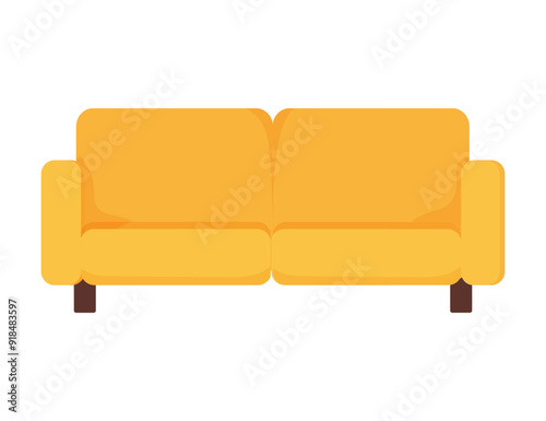 A bright yellow couch with simple design positioned on a white background, perfect 