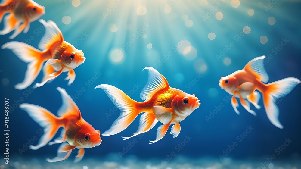 Vibrant goldfish swimming gracefully in a blue, bokeh-filled background, highlighting the beauty and tranquility of aquatic life. The colorful scene captures the essence of underwater serenity. Vibrant goldfish swimming gracefully in a blue, bokeh-filled background, highlighting the beauty and tranquility of aquatic life. The colorful scene captures the essence of underwater serenity.