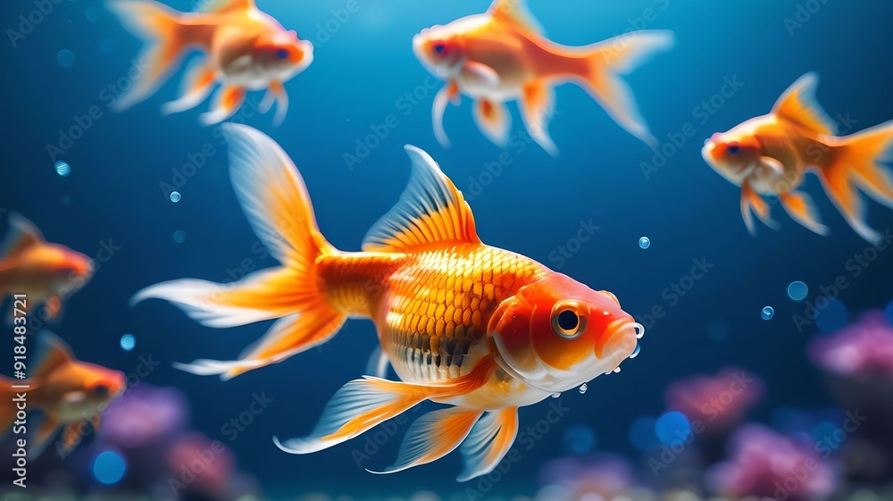 Fototapeta premium Vibrant goldfish swimming gracefully in a blue, bokeh-filled background, highlighting the beauty and tranquility of aquatic life. The colorful scene captures the essence of underwater serenity. 