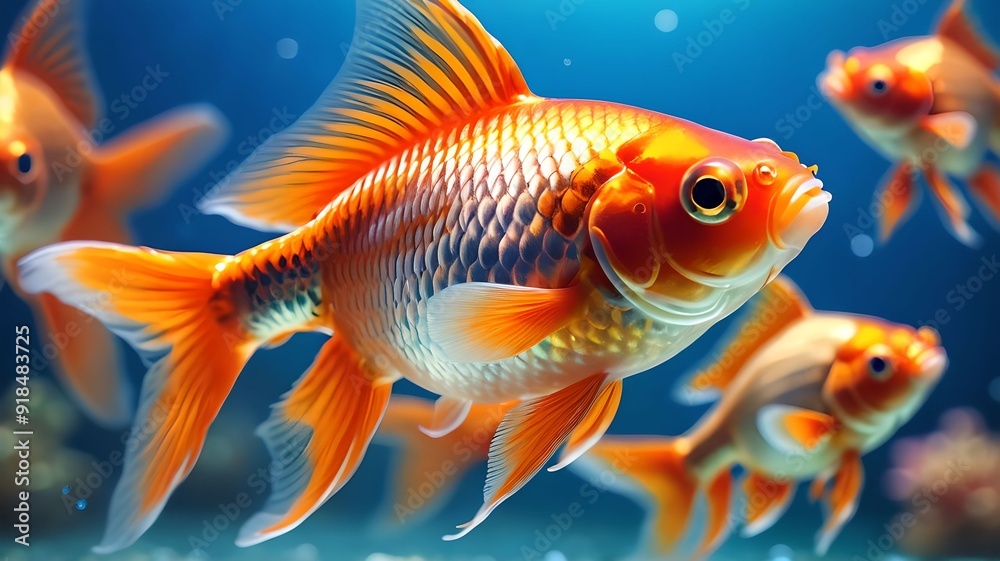 Naklejka premium Vibrant goldfish swimming gracefully in a blue, bokeh-filled background, highlighting the beauty and tranquility of aquatic life. The colorful scene captures the essence of underwater serenity.