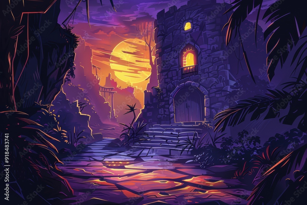Mysterious overgrown temple entrance in jungle at sunset Mysterious overgrown temple entrance in jungle at sunset