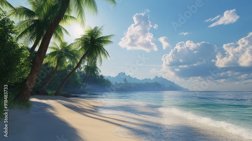 3D Tropical Beach with Palm Trees Wallpaper