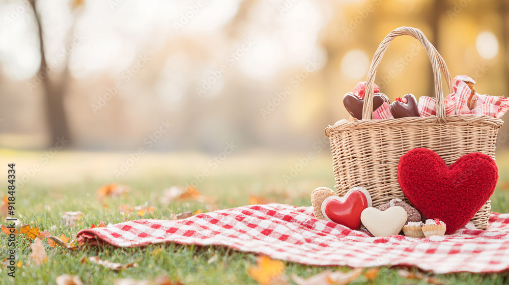 A basket full of heart shaped cookies and cakes on a checkered blanket in a park. The basket is red and white and the blanket is red and white as well. The scene is romantic and inviting. A basket full of heart shaped cookies and cakes on a checkered blanket in a park. The basket is red and white and the blanket is red and white as well. The scene is romantic and inviting.