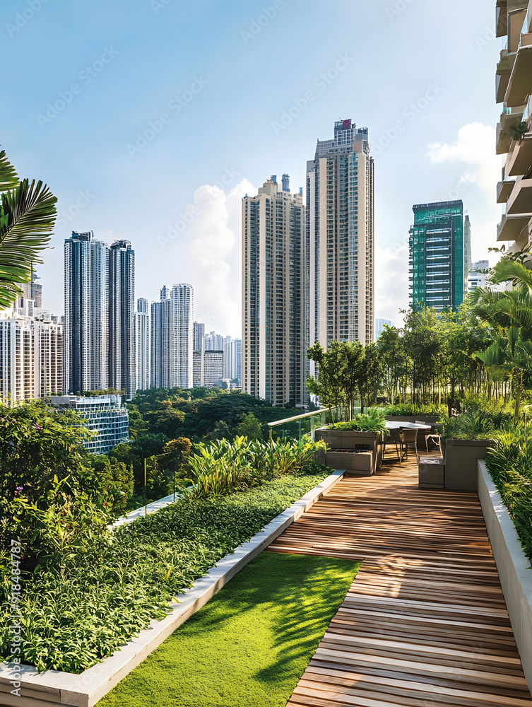 Fototapeta premium Urban Garden Retreat: Rooftop Oasis Amidst Cityscape