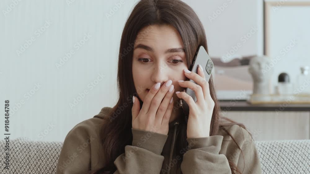 Unbelievable news. Surprised girl getting pleasant information by phone, sitting on quarantine at home Unbelievable news. Surprised girl getting pleasant information by phone, sitting on quarantine at home