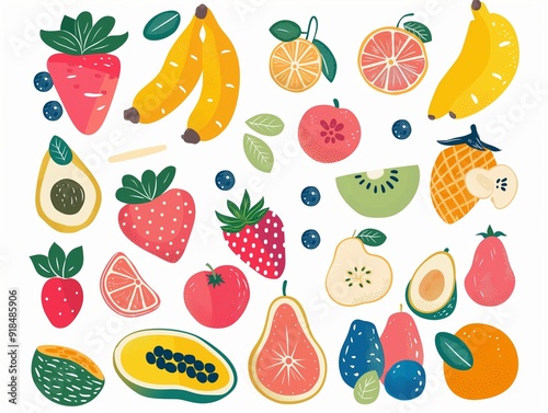 Set of various fruits simple illustration. AI generated