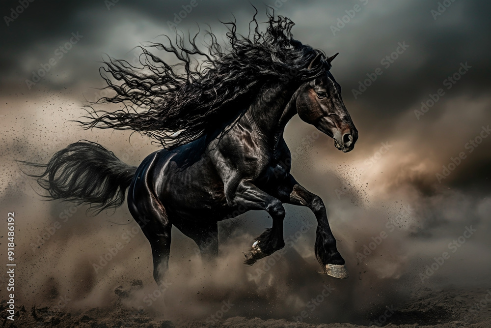 A majestic black stallion galloping in dynamic motion making a dust cloud on the ground. Dramatic equine movement photography. A majestic black stallion galloping in dynamic motion making a dust cloud on the ground. Dramatic equine movement photography.