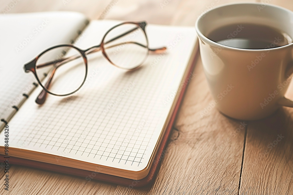 Eyeglass and open notebook with grid on wooden desk with warm beverage. Minimalist cozy reading corner mockup. Eyeglass and open notebook with grid on wooden desk with warm beverage. Minimalist cozy reading corner mockup.