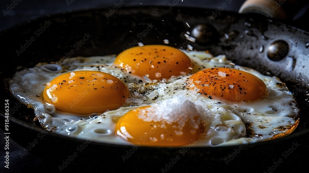 Three fried eggs in a frying pan, seasoned with salt and pepper on the egg surface Three fried eggs in a frying pan, seasoned with salt and pepper on the egg surface