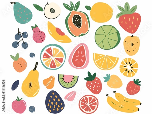 Set of various fruits simple illustration. AI generated