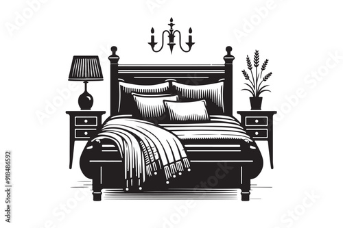 a black and white illustration of a bed with a lamp.