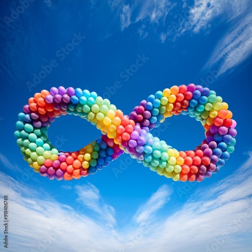 infinity symbol made of color balloons isolated in a vibrant sky, happiness and joy concept