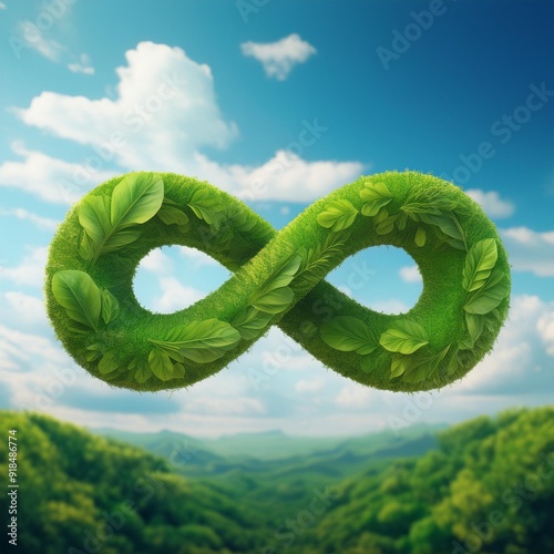 infinity symbol made of leafs isolated in a vibrant sky, mother nature concept
