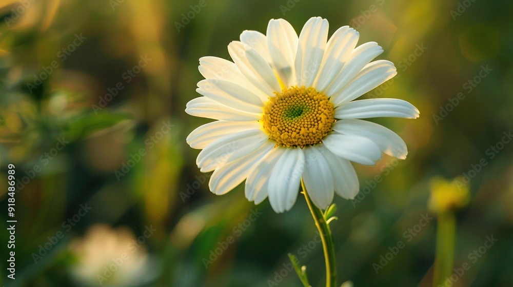 A yellow-centered white flower amidst a sea of green-white blurs A yellow-centered white flower amidst a sea of green-white blurs