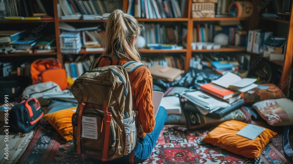 Naklejka premium Students organizing their backpacks with study materials