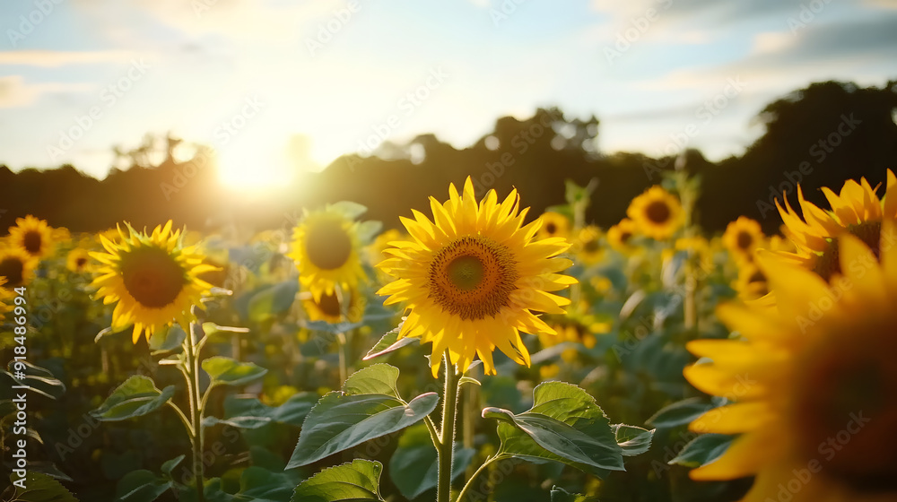 Fototapeta premium Video of the spring lawn with blooming sunflowers on sunset.