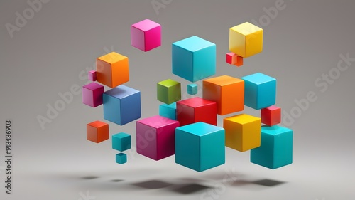 A 3D render of simple, floating cubes in different sizes and colors a balanced composition on a neutral background the cubes smooth surfaces with soft shadows, a clean and modern look