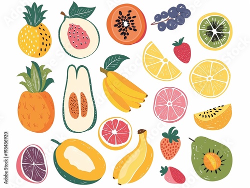 Set of various fruits simple illustration. AI generated