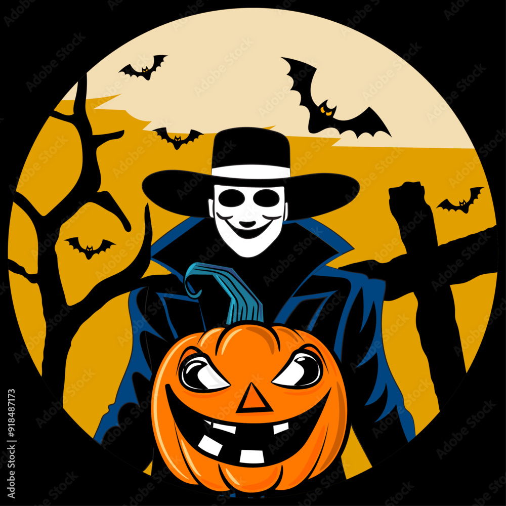 Scary Halloween Character with pumpkins and eerie bats and a gravestone Scary Halloween Character with pumpkins and eerie bats and a gravestone