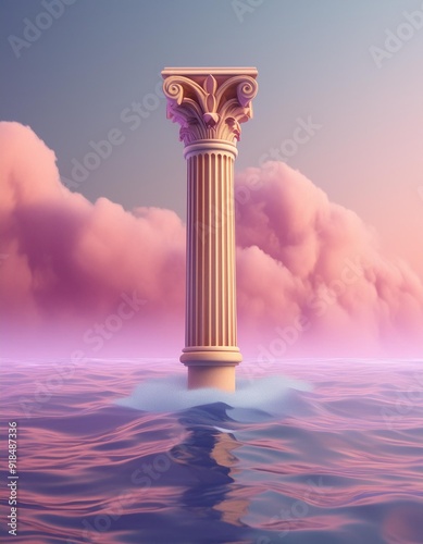 Greek column in the middle of the ocean, design with copy space 