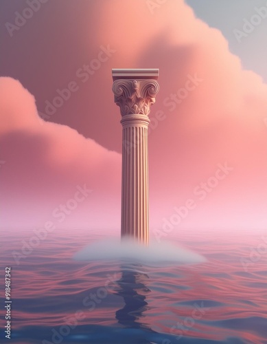 Greek column in the middle of the ocean, design with copy space 