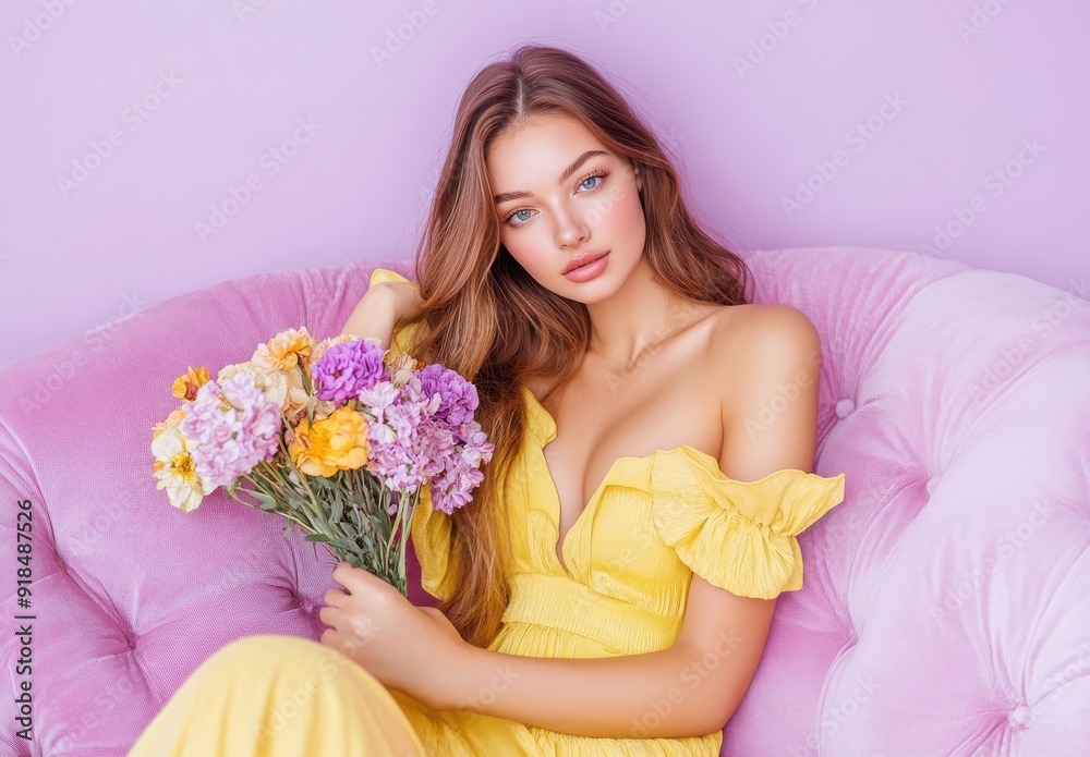 beautiful woman in yellow dress sitting on the gray sofa with flowers beautiful woman in yellow dress sitting on the gray sofa with flowers