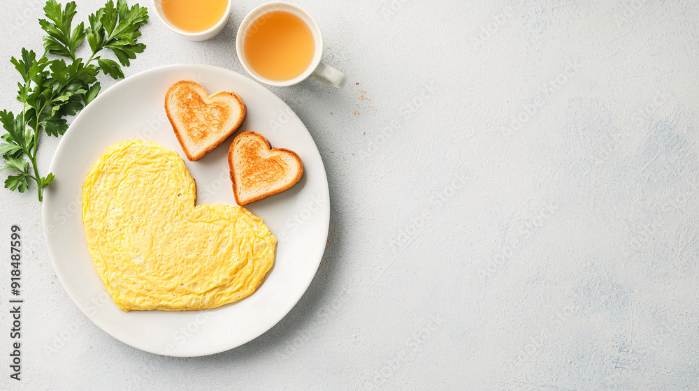 A plate of food with a heart-shaped omelet and two pieces of toast. The plate is set on a table with a cup and a saucer. Concept of warmth and comfort.